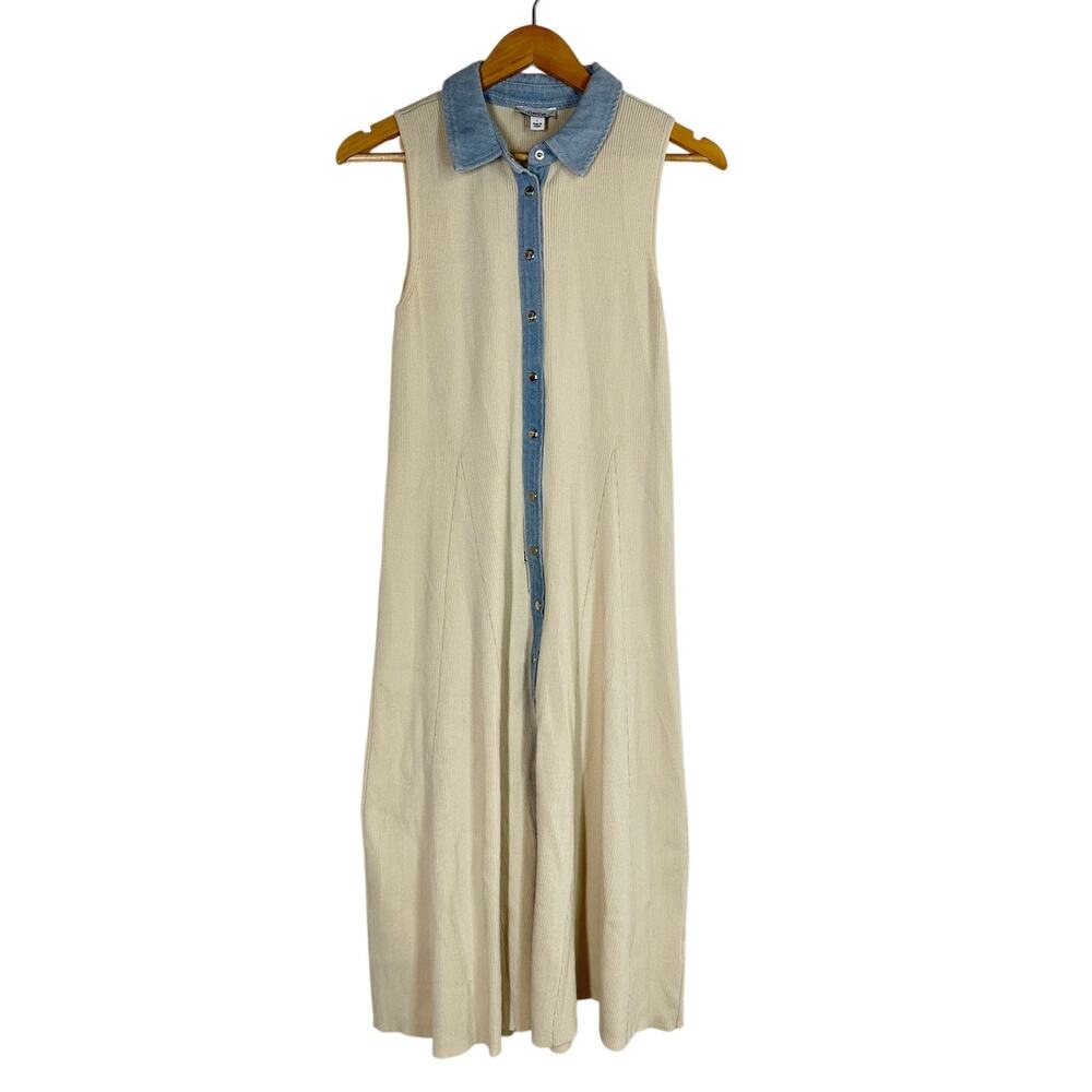 CeCe Sweater Dress Denim Collar Placket Sleeveless Rib Knit Midi Off White L - Picture 3 of 7